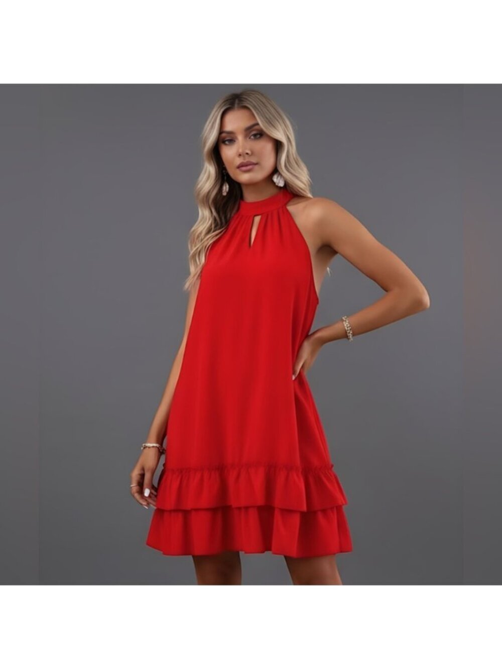 Red Layered Hem Halter Neck Dress